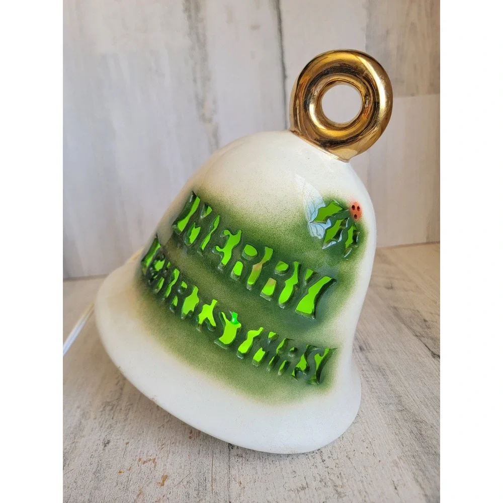 Large vintage Merry Christmas ceramic bell light up mistletoe white unique home
